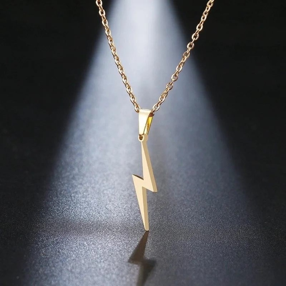 18K Gold Plated Lightning Bolt Pendant Necklace Stainless Steel Minimalist Gold